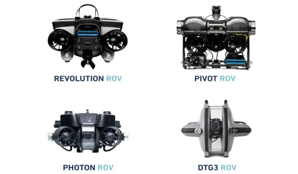 Les modèles de ROV de Deep Trekker : Photon, Pivot, et Révolution, illustrant la gamme complète de véhicules sous-marins destinés aux applications maritimes et sous-marines.
